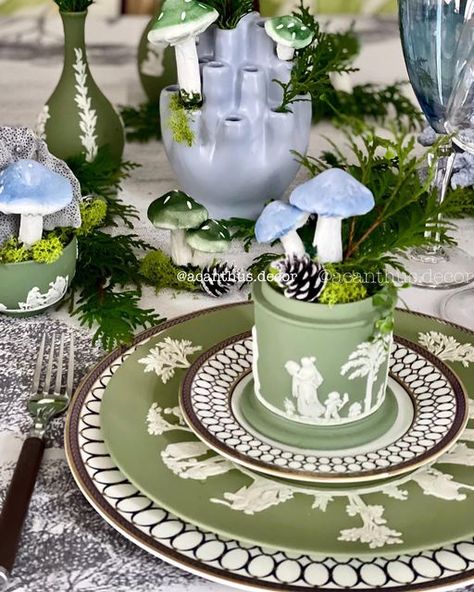 Elen on Instagram: "Wonderland Table Setting!🎄💚🌿 Vintage Wedgwood Jasperware inspiration!💚🎄🦋 #tablesettinginspiration #tablesetting #tablesettingideas #tablesettingdecoration #christmastable #christmastablesetting #collectedbeautifullife #thecollectedlook #collectedhome #grandmillennial #grandmillennialstyle #wedgwoodjasperware #vintagetableware #christmasmagic✨ #tablesettinginspiration #graciouslivingstyle #styleonmytable #tablestyle #holidaytable #holidaytablescape #mytradchichomestyle # Wedgewood Jasperware, Grand Millennial Style, Victoria Magazine, Table Setting Inspiration, Wedgwood Jasperware, Tablescape Inspiration, Table Setting Decor, Holiday Tablescapes, Vintage Tableware