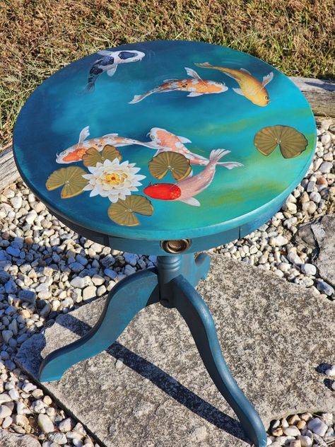 Dixie Belle Terra Clay paint to create a pond for the Balance Transfer Koi fish. Koi Fish Mirror Painting, Dolphin Coffee Table, Koi Fish Resin Table, Resin Fish Pond, Koi Pond Mural, Beautiful Pond, Table Painting, Sew Curtains, Pond Painting