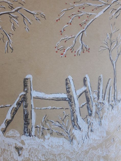 Ink Sketches Simple Art Journals, Grey Toned Paper Art, Charcoal Christmas Drawing, Chalk Drawings On Paper, Pencil Art Landscape, Drawing Brown Paper, Brown Paper Art Drawing, Winter Scenery Drawing, Brown Paper Sketch