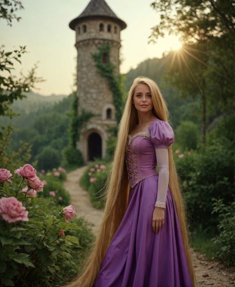 Jaimie Good in a purple Rapunzel dress with long blonde hair stands near a tall stone tower amidst flowers in a sunlit forest, embodying her role as a dedicated Rapunzel cosplayer. Disney Princess Gowns, Sunlit Forest, Real Rapunzel, Blonde Halloween Costumes, Rapunzel Cosplay, Disney Princess Cosplay, Rapunzel Costume, Rapunzel Dress, Stone Tower