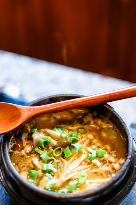 Doenjang-guk (Korean Soybean Paste Soup) Soybean Paste Soup, Soybean Recipe, Aesthetic Mafia, Korean Stir Fry, Seaweed Rolls, Soybean Paste, Korean Soup, Trend Aesthetic, Bts In The Soop