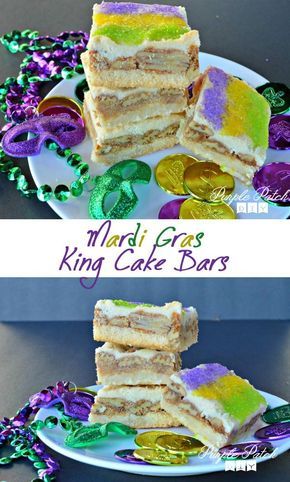 Mardi Gras Ideas, Mardi Gras Party Food, Mardi Gras Desserts, Mardi Gras Cake, King Cake Recipe, Mardi Gras King Cake, Mardi Gras Food, Cake Bars, Mardi Gras Party