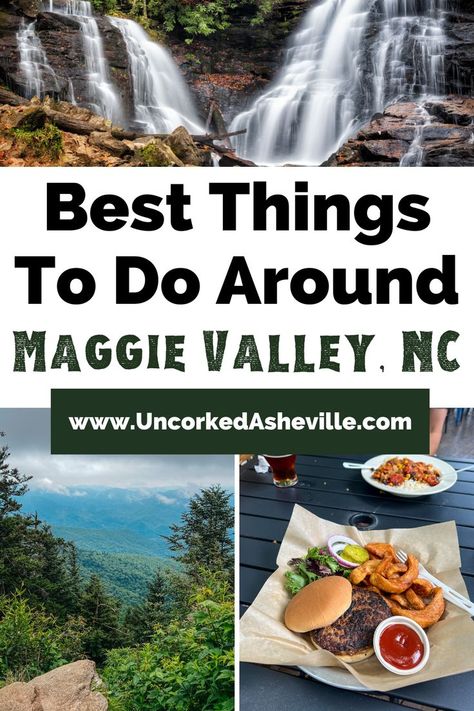 Best Things To Do In Maggie Valley, NC with image of double waterfall, blue and green cloudy mountains, and burger and fries on plate Things To Do In Maggie Valley Nc, Waynesville North Carolina Things To Do, Nc Mountain Vacation, Cherokee North Carolina Things To Do In, Lake Junaluska North Carolina, Smoky Mountain Hikes, Rodanthe North Carolina, North Carolina Winter, Maggie Valley North Carolina