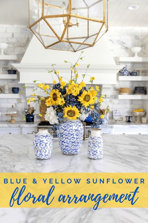 Blue and Yellow Summer/Fall DIY Floral Arrangement Faux Flower Centerpiece, Sunflower Floral Arrangements, Yellow Flower Arrangements, Blue Flower Vase, Sunflower Centerpieces, Blue Dishes, Fall Floral Arrangements, Faux Flower Arrangements, Yellow Decor