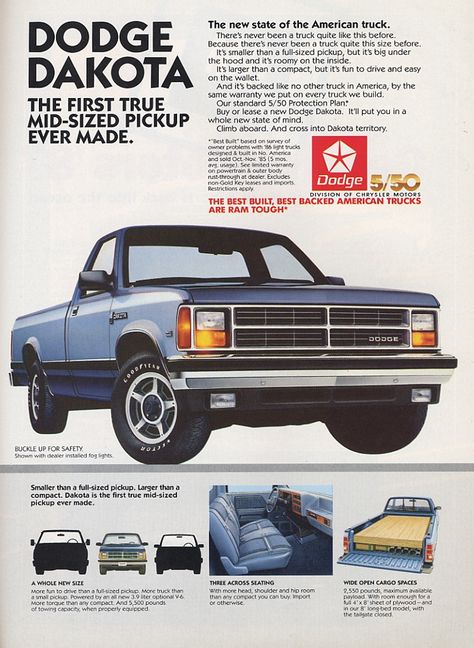 Dodge Dakota ad. Dakota Truck, Dodge Pickup Trucks, Small Pickups, Dodge Pickup, Dodge Vehicles, Garden Food, Dodge Truck, Car Brochure, Dodge Dakota