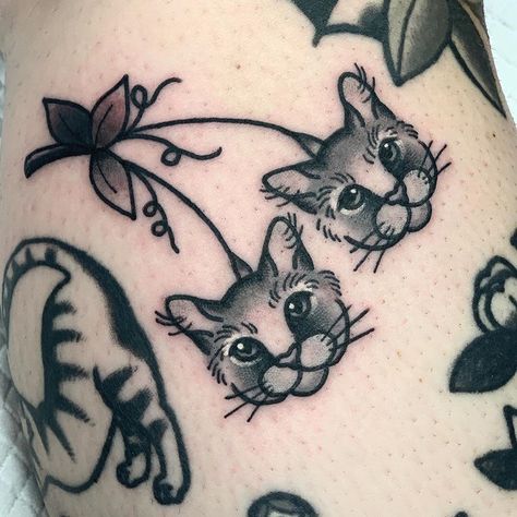 Traditional Cat Tattoo Black, Black Cat American Traditional Tattoo, Cat Moon Tattoo Traditional, Traditional Siamese Cat Tattoo, Traditional Cat Tattoo Black And White, Cherry Tattoos, Funky Tattoos, Black Cat Tattoos, Cat Tattoo Designs