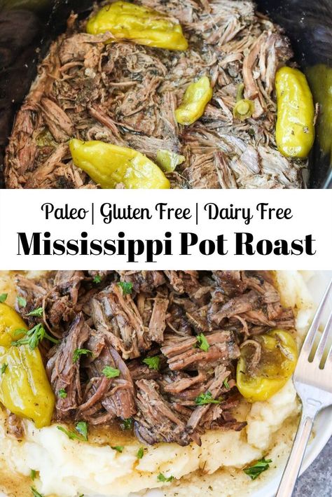 Beef Gravy Recipe, Mississippi Pot, Pepperoncini Peppers, Mississippi Pot Roast, Paleo Crockpot, Ranch Seasoning, Paleo Dinner, Chuck Roast, Gravy Recipes