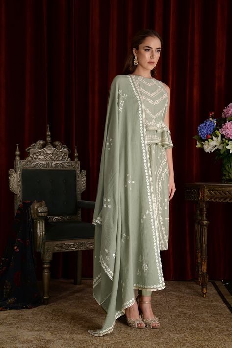 Raatri Kurta Set – Sahil Kochhar Sahil Kochhar, Kurta Set For Women, Cotton Dupatta, Peplum Styling, Embroidery Floral, Peplum Styles, Tapered Trousers, Applique Embroidery, Embroidery Fabric