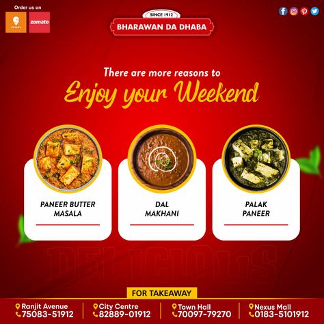 Happy weekend, happy you! And what better than delicious multi cuisines from Bharawan Da Dhaba. For Takeaways, Please Contact On Below Numbers Ranjit Avenue - 7508351912 City Centre - 8288901912 Town Hall - 7009779270 Nexus Mall - 0183-5101912 #bharawandadhaba #multicuisinerestaurant #pureveg #since1912 #worldfamous #breakfast #lunch #dinner #familydining #placestoeat #northindianfood #chinese #snacks #southindian #foodbloggers #foodbloggersindia #amritsarrestaurants #orderonline #instafoodap Weekend Food Creative Ads, Food Ads Creative, Restaurant Creative Ads, Food Creative Ads, Food Web Design, Restaurant Advertising, Chinese Snacks, Veg Restaurant, Digital Advertising Design