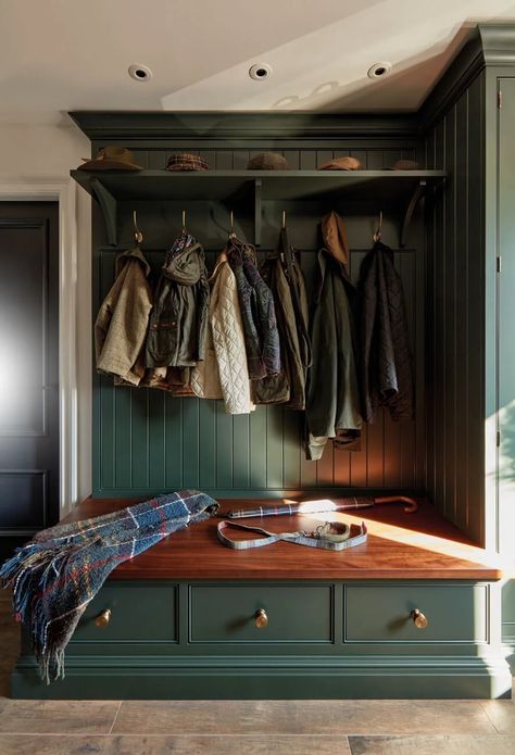 Dark Green Hallway Ideas Entrance Halls, Dark Green Utility Room, Utility And Boot Room Ideas, Cloakroom Ideas Coats, Dark Green Entryway, Dark Green Hallway, Boot Room Ideas, Utility Boot Room, Boot Room Utility