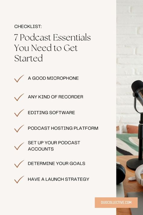 Thinking about starting a podcast? Swipe our podcast equipment checklist to learn the podcast essentials to need to know before starting a podcast. Looking for more podcasting tips? Read the blog to learn how to start a podcast, even with no audience! Podcast Equipment Checklist, Podcast Essentials, Podcast Checklist, Podcast Equipment, Podcast Setup, Podcasting Tips, Creative Podcast, Home Recording Studio Setup, Start A Podcast