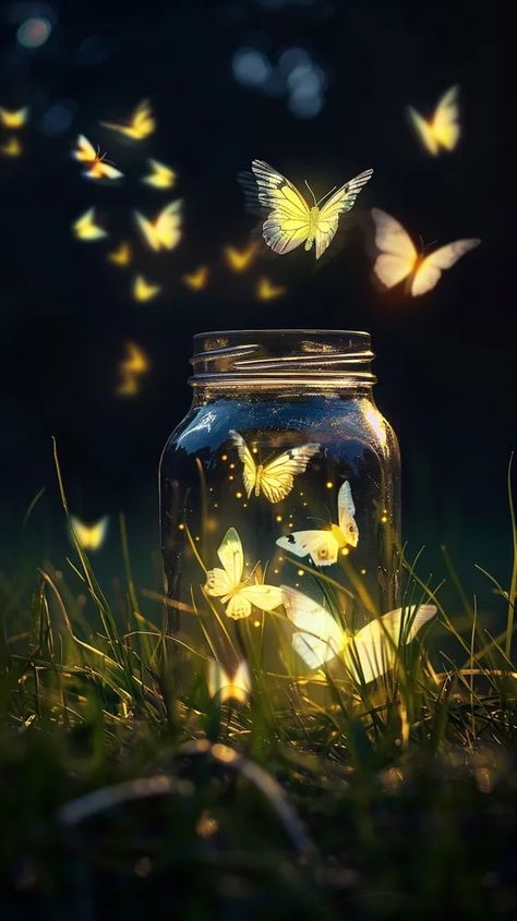 The image is a beautiful and surreal depiction of butterflies escaping from a jar. The jar is sitting in a field of grass, and the butterflies are flying out of it in all directions ->> more details in ai-img-gen.com Butterflies In A Jar, Jar Of Butterflies, Butterfly In A Jar, Butterfly Jar, Sitting In A Field, Fire Flies, Fire Fly, Butterfly Video, Phone Widget