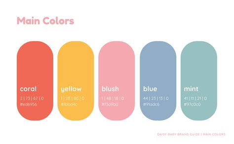 Daisy Baby Brand Guide en Behance Website Color Palette, Color Design Inspiration, Hex Color Palette, Color Rush, Pastel Colour Palette, Branding Mood Board, Brand Guide, Color Palette Design, Baby Colors