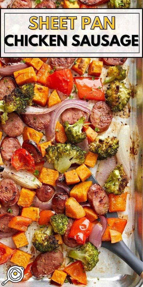 Sheet Pan Chicken Sausage Dinner Mango Chicken Sausage Recipes, Chicken Sausage Bowls, Chicken Sausage Sheet Pan Dinner, Chicken Sausage Dinner, Chicken Sausage Recipes, Sausage Dinner, Simple Family Meals, Healthy Budget, Easy Sheet Pan Dinners