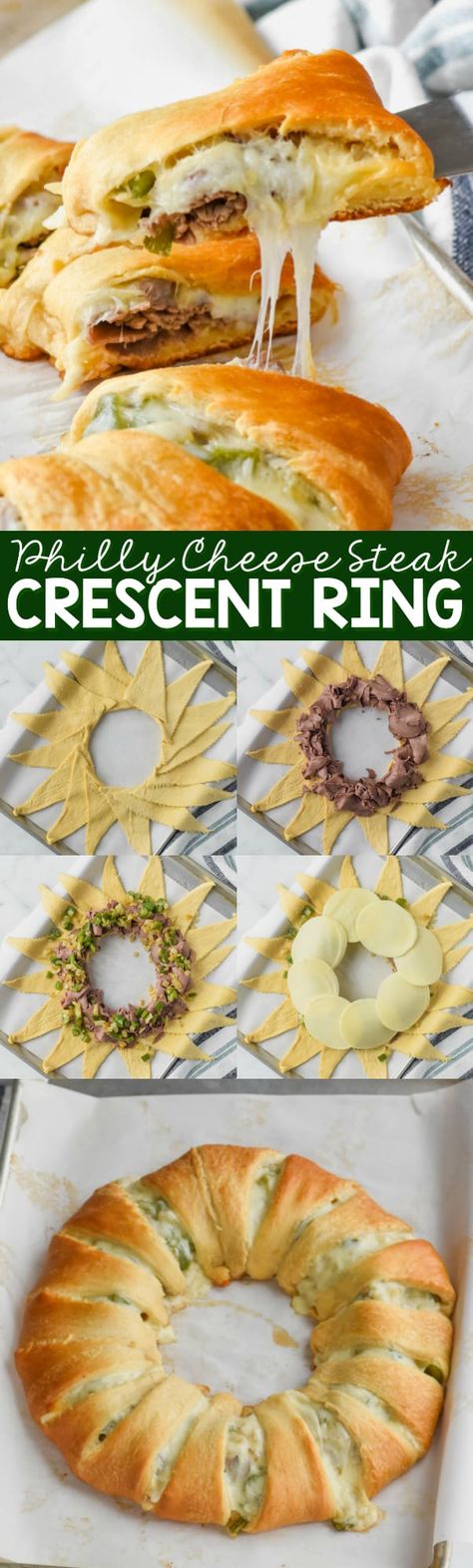 This Philly Cheese Steak Crescent Ring is the perfect easy dinner!  It's only a few easy ingredients, it's easy to put together, and it makes for the best, most delicious weeknight meal. Puffy Taco, Philly Cheesesteak Sliders Recipe, Crescent Rings, Crescent Ring Recipes, Crescent Roll Recipes Dinner, Crescent Bake, Philly Cheese Steak Recipe, Easy Delicious Dinners, Crescent Recipes