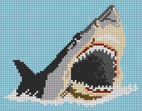 Shark Pixel Art Grid, Shark Cross Stitch Pattern Free, Shark Alpha Pattern, Fish Alpha Pattern, Pixel Art Difficile, Pixel Quilting, Graph Crochet, Pixel Art Grid, Pixel Crochet