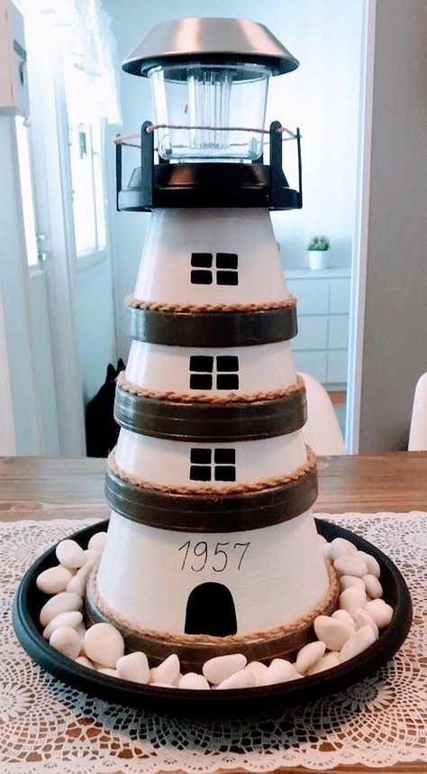 Clay Pot Lighthouse, Lighthouse Crafts, Whimsical Diy, Beach Crafts Diy, Terra Cotta Pot Crafts Diy, Solar Light Crafts, Beach Themed Crafts, Lighthouse Decor, Diy Farmhouse Style