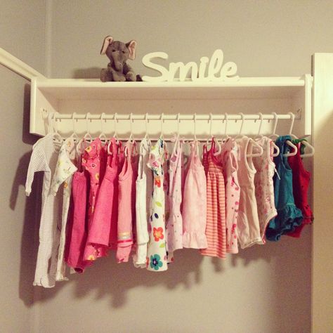 Part of old bookshelf converted into a mounted shelf and clothes rack for our nursery. Brooklyn Bedroom, Old Bookshelf, Old Bookshelves, Nursery Room Design, Girl Nursery Room, Step Kids, Princess Belle, Clothes Rack, Nursery Ideas