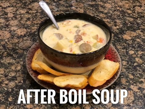 AFTER BOIL SOUP   All Da Fixins leftover from a Crawfish Boil (Onions, Garlic, Celery, Corn, Carrots,  Mushrooms, Potatoes...etc) 1-2 lbs of Crawfish Talis leftover from a Boil 1 & 1/2 Sticks of Butter 1/2 Cup of All Purpose Flour 2 (10 oz) Cans of Chicken Broth 2 Quarts of Half & Half 2 (10.5 oz) Cans of Cream of Mushroom Soup 1 Tablespoon of Worcestershire Sauce 1 Tablespoon of Hot Sauce 2 Cups of Whole Milk Thick Crackers or French Bread to serve with After The Boil Crawfish Soup, Crawfish Potato Soup, After Boil Soup Recipe, After The Boil Soup, Seafood Boil Leftover Recipes, After Boil Crawfish Soup, Leftover Crab Boil Recipes, Leftover Crawfish Boil Recipes, After Boil Soup