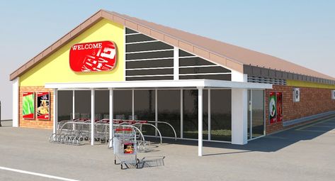 Super Market Building With Parking by Daniel Mikulik on @omairsart #SUPERMARKET #CART #SHOP #PARKING #BIEDRONKA #WALL Supermarket Building, Poster Food, Grocery Store Design, Warehouse Design, Shop Buildings, Super Market, 3d Architecture, Concrete Texture, Parking Space