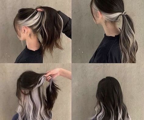 Brown And Silver Hair, Brown Hair With Silver Highlights, Under Hair Color, Black And Silver Hair, Silver Hair Dye, Dyed Hairstyles, Silver Hair Highlights, Underneath Hair Color, Blonde Dye