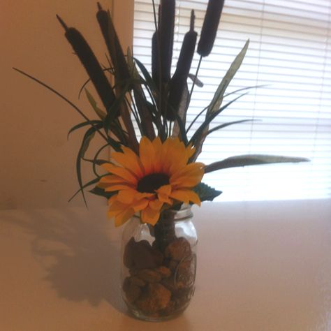 Centerpiece - I used for my wedding very cute and country if your a sunflower person but u can use whatever Cat Tail Centerpieces, Sunflower Ideas, Sunflower Floral Arrangements, Frog Baby Showers, Sunflower Arrangement, Fall Deck, Cat Tails, Sunflower Party, Fishing Wedding