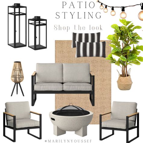 Black Outdoor Patio Furniture, Patio With Black Furniture, Patio Decorating Ideas Black Furniture, Black Outdoor Patio Ideas, Outdoor Patio Staging Ideas, Apartment Porch Decorating Ideas, Moody Patio Decor, Neutral Outdoor Decor, Styling Outdoor Patio