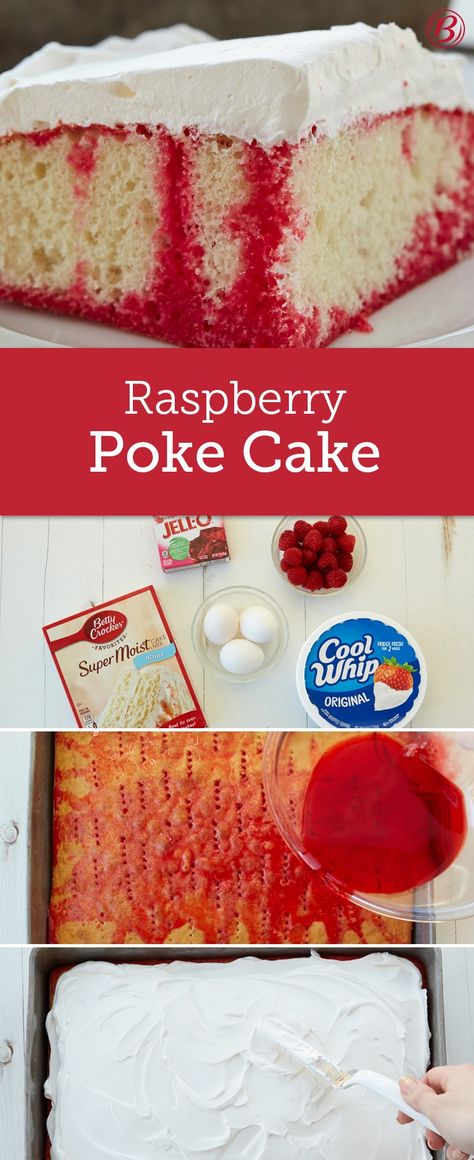 Poke around your cupboard and freezer and you'll probably find everything you need to make a classic "poke" cake. Some things just get easier. Raspberry Poke Cake, Cake Raspberry, Children Cake, Raspberry Desserts, Poke Cake Recipes, Poke Cakes, Poke Cake, Köstliche Desserts, Savoury Cake