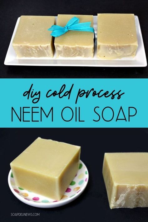 Neem oil soap recipe. Learn how to make a cold process neem oil soap recipe for the many skin care benefits of neem oil for problem skin. This DIY neem oil soap makes a great addition to a natural skin care routine for problem skin issues. It helps improve skin appearance and promote skin health while addressing skin issues such as dry skin, eczema, acne and fungal skin issues. This cold process soap helps to soothe a variety of common skin ailments and can prevent reoccurence. #soap #neemoil Diy Neem Oil, Benefits Of Neem Oil, Neem Oil Soap, Benefits Of Neem, Lovely Greens, Neem Soap, Natural Skincare Recipes, Salve Recipes, Cold Process Soap Recipes