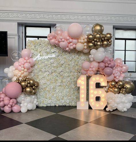 White And Rose Gold Party Theme, Sweet 16 Photo Wall Ideas, Pink Sweet 16 Photo Wall, Sweet 16 Venue Decorations, Sweet 16 Party Ideas Neutral Colors, Pink Sweet 16 Balloons, Pink Sweet 16 Backdrop, Sweet Sixteen Balloons Decorations, Sweet 16 Pink Butterfly Theme