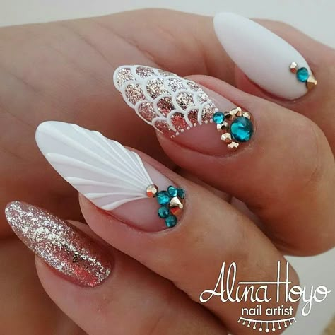 Seashell Nails, Nail Effects, Modern Nails, Mermaid Nails, Super Nails, Blue Nail, Beach Nails, Perfect Nails, Stiletto Nails