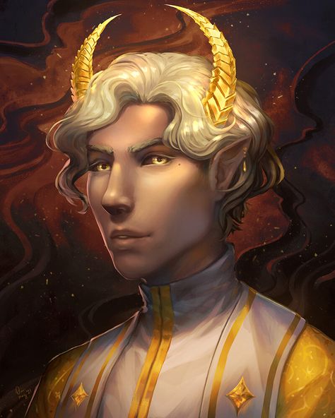 ArtStation - Gold Tiefling, Dian Huynh Gold Tiefling, Horned Demon, Fantasy Portraits, Dnd Characters, Character Art, Princess Zelda, Zelda Characters, Fictional Characters, Gold