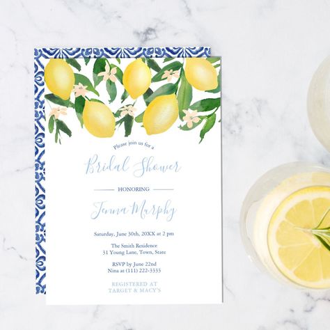 Bridal Shower Invitations tuscany lemons antique pattern blue bridal shower invitation tuscany bridal shower italian watercolor lemons something old new borrowed blue lemon amalfi theme citrus bridal shower mediterranean invite lemon invite blue and white tiles Italian Bridal Showers, Blue Bridal Shower Invitations, Lemon Themed Bridal Shower, Lemon Wedding, Purple Bridal Shower, Rustic Modern Wedding, Watercolor Stripes, Themed Bridal Shower, Blue Bridal Shower