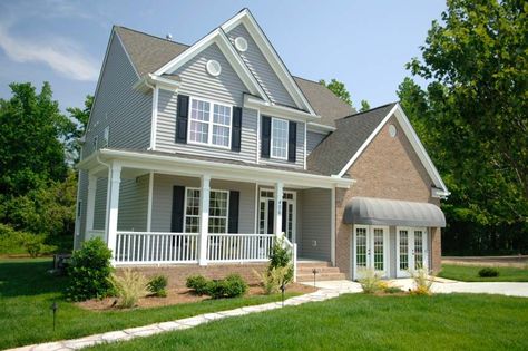 Beautiful house design front porch siding glass windows dormer pitched roof Dutch Lap Vs Clapboard Siding, Dutch Lap Siding, Home Siding, Siding Styles, Wood Siding Exterior, Types Of Siding, Clapboard Siding, Siding Options, Lap Siding