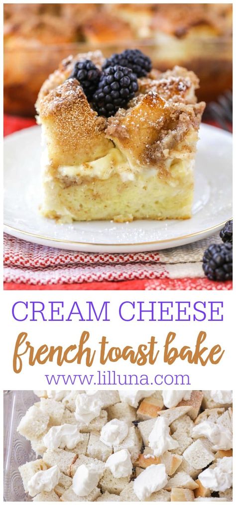 Cream cheese french toast bake is slightly toasted on top, soft in the middle, and each bite is bursting with rich cream cheese. Just add your favorite fruit! #frenchtoastbake #frenchtoast #creamcheese #breakfast #breakfastcasserole Cream Cheese French Toast Bake, Christmas Thumbprint, Casserole With Cream Cheese, Cream Cheese French Toast, Cheese French Toast, Stuffed French Toast Cream Cheese, Cream Cheese Bread, Overnight Recipes, Lil Luna