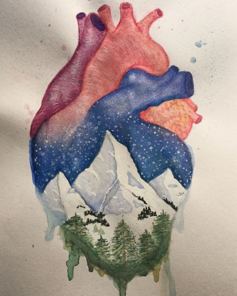 Anatomical heart and winter mountain landscape watercolor painting. How To Draw An Anatomical Heart, Real Heart Painting, Anatomical Heart Art Drawing, Anatomical Heart Painting, Human Heart Painting Aesthetic, Landscape Drawing Ideas, Human Heart Art Paintings, Heart Landscape, Mountain Landscape Drawing