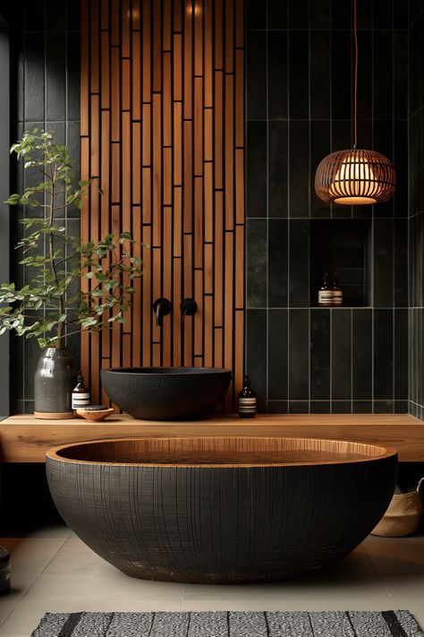 Japanese Washroom Design, Black Beach Bathroom, Wabi Sabi Interior Bathroom, Modern Ensuite Bathroom Ideas, Modern Japanese Bathroom, Japanese Bathroom Ideas, Japanese Inspired Bathroom, Japanese Bath House, Modern Ensuite