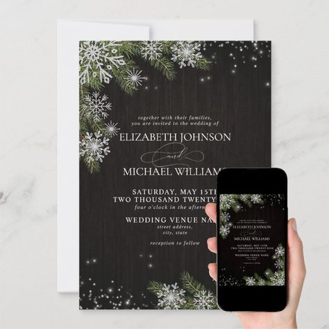 Dark Black Rustic Silver Winter Greenery Wedding Invitation Zazzle Winter Greenery Wedding, Black Wood Background, Moody Rustic, Wintery Scene, Winter Greenery, Afternoon Wedding, Dark Design, Wedding Invitation Size, Wedding Anniversary Invitations