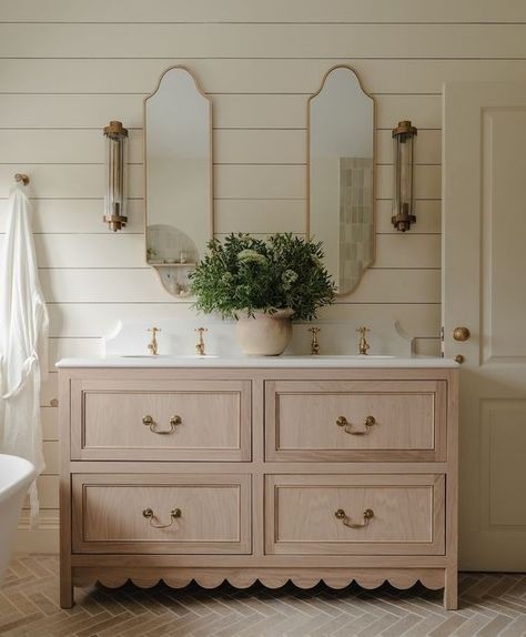 Facebook Horizontal Shiplap Bathroom, Horizontal Shiplap, Mcgee Bathroom, Studio Mcgee Bathroom, Herringbone Tiles, Armac Martin, Shiplap Bathroom, Indoor Tile, Brass Cabinet Hardware