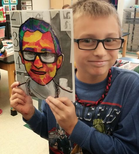 Fourth graders made these neat Heather Galler  self-portraits .       We learned about Etsy , a website were artists can sell their artwork ... Art With Photographs, Kindergarten Self Portraits, Portraits For Kids, Heather Galler, Art Elementary, Classe D'art, Self Portrait Art, 6th Grade Art, 4th Grade Art