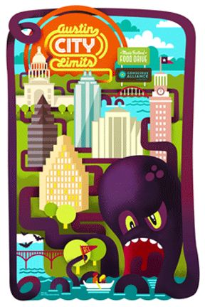 Austin City Limits awesome poster.  Gotta love the octopus border Zilker Park Austin, Austin City Limits Festival, Food Donations, Zilker Park, Austin City Limits, Food Drive, Free Poster, City Limits, Festival Posters