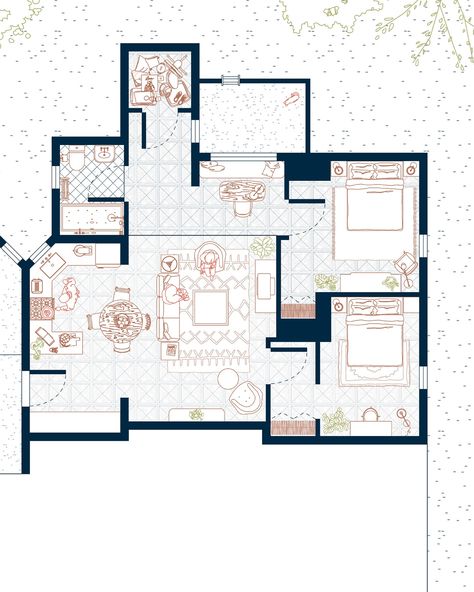 The floor plan of the iconic Friends apartment, featuring Chick Jr, Duck Jr and smelly cat🐣🦆🐈 Would you like a print of this illustration in your space? #art #design #interior #floorplan #layout #housedesign #apartment #illustration #digitalart #friends #friendstvshow #friends30 #tvshowfloorplans #newyork #series Friends Floor Plan, Floorplan Graphic, 1 Bedroom Apartment Floor Plan, Apartment Illustration, Architecture Boards, Presentation Graphics, Friends Apartment, One Room Apartment, Smelly Cat