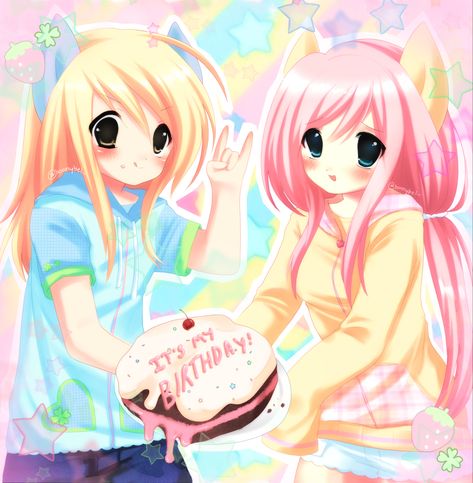 Cutecore kawaii 2000s anime art my little pony fluttershy Fluttershy And Derpy, Derpy And Fluttershy, Derpy Mlp, Moe Artstyle, Moe Art, 2000s Anime, 2000s Art, Derpy Hooves, Scene Wallpaper