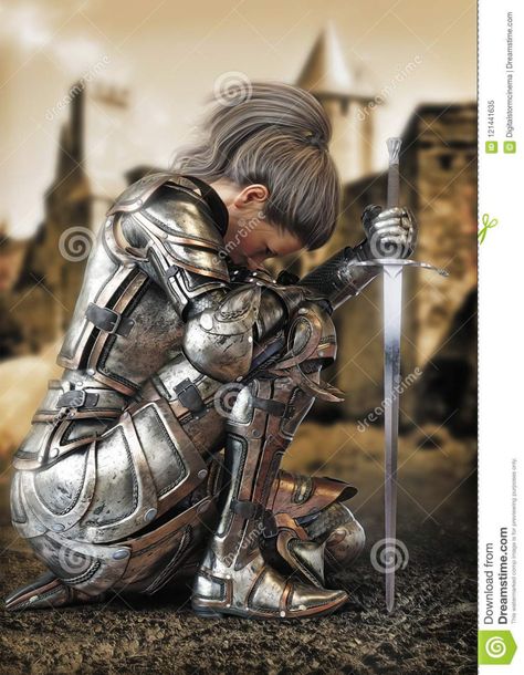 Female Warrior Knight Kneeling Wearing Decorative Metal Armor With A Castle In The Background. Stock Illustration - Illustration of heavy, plate: 121441635 Knight Kneeling, Evvi Art, Angelo Guerriero, Female Warrior Tattoo, Metal Armor, Fesyen Islam, Angel Warrior, Prophetic Art, Warrior Tattoo