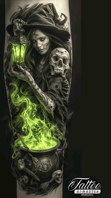 Halloween Tattoos Sleeve, Gothic Tattoos, Evil Skull Tattoo, Arm Sleeve Tattoos For Women, Realistic Tattoo Sleeve, Evil Tattoos, Tattoos Sleeve, Gangsta Tattoos, Witch Tattoo