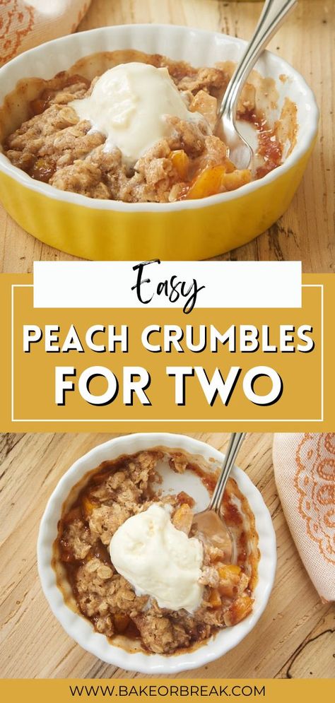 Peach Crumbles for Two are perfect for those last couple of peaches in your kitchen. Whip up these quick and easy individual crumbles for a wonderful summer dessert to share with your favorite peach lover! You only need about a cup of chopped or sliced peaches to make these darling desserts and the are so quick and easy. Quick Easy Peach Dessert, Single Peach Crisp, Personal Peach Crisp, Peach Crisp Healthy Easy Recipes, Peach Crisp For 2, Peach Crisp With Fresh Peaches For Two, Peach Pie For Two, Peach Crisp In A Mug, Fresh Peach Crisp For 2