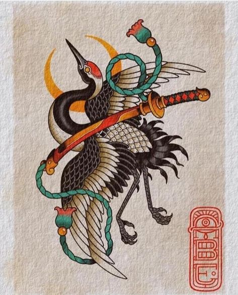 Japanese Demon Tattoo, Traditional Japanese Tattoo Flash, Heron Tattoo, Desenhos Old School, Traditional Japanese Tattoo Designs, Backpiece Tattoo, Crane Tattoo, Traditional Tattoo Inspiration, Japan Tattoo Design