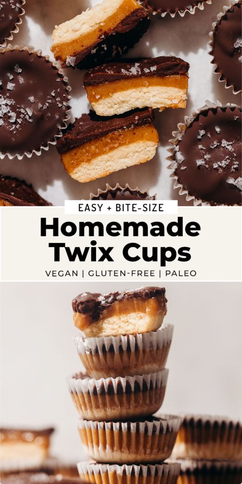 Homemade Twix Cups (vegan + paleo) Twix Cups, Paleo Twix, Shortbread Chocolate, Feasting On Fruit, Caramel Ingredients, Caramel Shortbread, Twix Bar, Healthy Halloween Treats, Twix Cookies