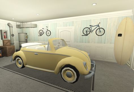 Garage Ideas In Bloxburg, Bloxburg Summer Living Room, Coastal Garage Bloxburg, Coastal Pantry Bloxburg, Bloxburg Jeep Color Ideas, Bloxburg Coastal Entrance, Coastal Entryway Ideas Bloxburg, Garage Inspo Bloxburg, Bloxburg Car Color Ideas