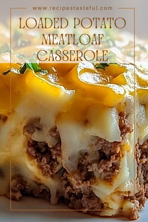 This Loaded Potato Meatloaf Casserole combines the hearty flavors of classic meatloaf with creamy garlic-flavored mashed potatoes, melted cheddar cheese, and crispy bacon bits. It’s an easy-to-make, comforting dish that’s perfect for family dinners and guaranteed to please everyone at the table! Loaded Mashed Potato Meatloaf, Loaded Mashed Potato Meatloaf Casserole, Meatloaf Stuffed With Mashed Potatoes, Cheesy Meatloaf Over Mashed Potatoes, Loaded Mash Potato Meatloaf Casserole, Cowboy Meatloaf Potato Casserole, Flavored Mashed Potatoes, Meatloaf Casserole, Classic Meatloaf